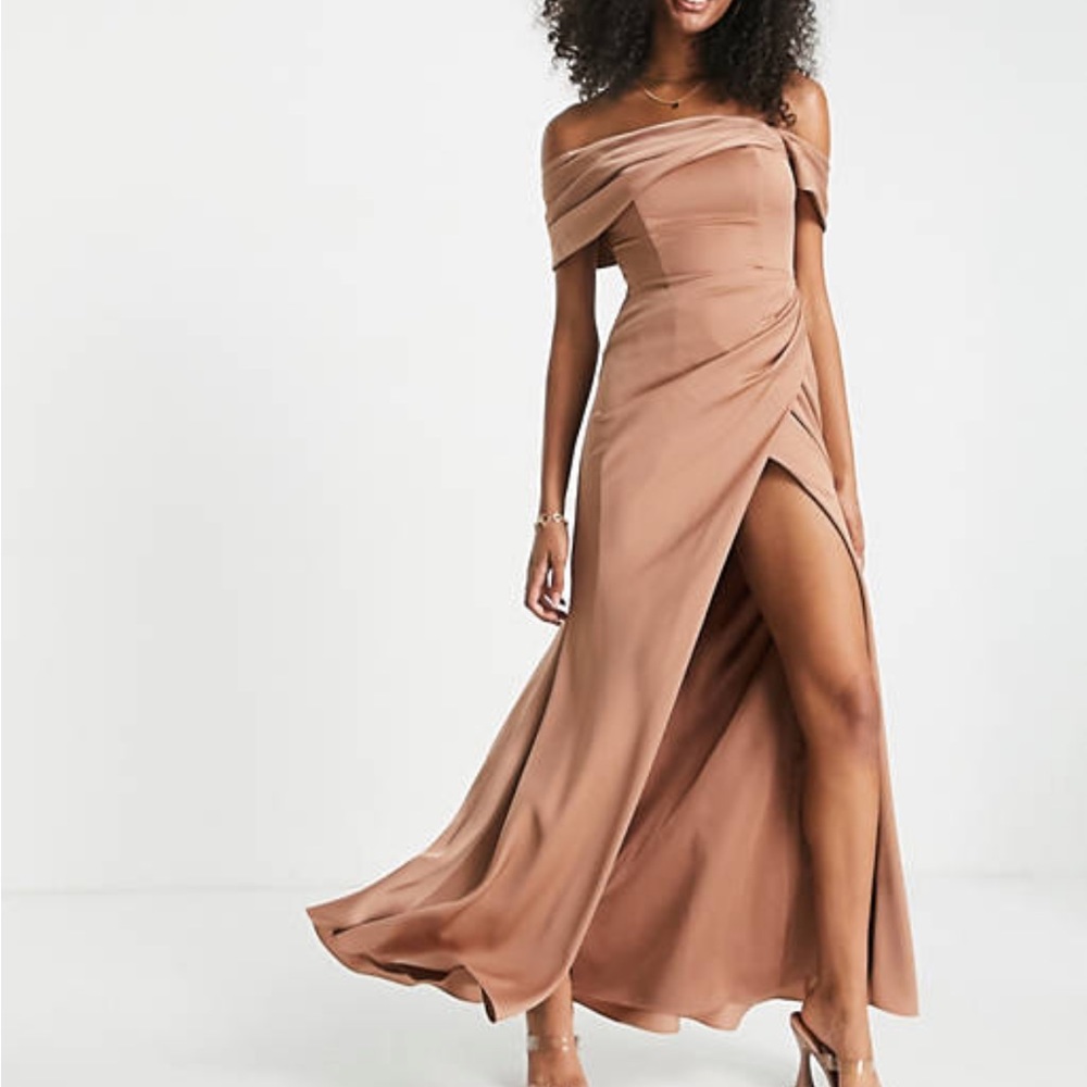 Satin Bardot drape wrap maxi dress in Mocha